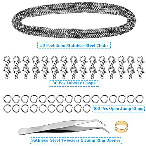 50 Feet Stainless Steel Chains for Jewelry Making, Anezus Jewelry Chain Bulk Small Metal Chains with 100 Jump Rings 30 Lobster Clasps for Necklace Making Bracelet DIY - size: 2mm