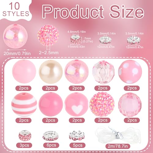 35 Pcs Chunky Bubblegum Beads 20mm Focal Pen Large Rhinestone Pearl Bead with Rhinestone Large Hole European Spacer Bead for DIY Beadable Pen School Jewelry Making Keychain Craft Making(Pink) - color: Pink