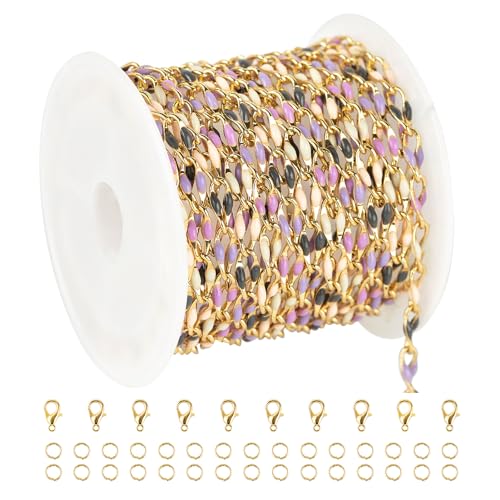 2 Yard Mixed Color Enamel Chains for Jewelry Making Gold Plated Brass Cable Link Chain Roll for Women Necklace Bracelet DIY Jewelry Supplies Findings - color: Purple Mixed Color