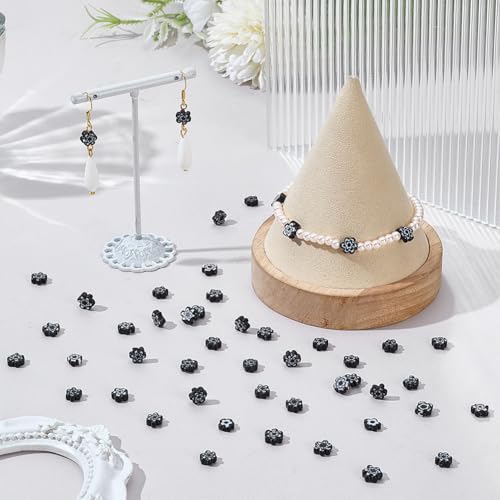 AHANDMAKER 112 Pcs Millefiori Lampwork Glass Loose Assorted Bead Flat Flower, Black Flower Beads, Daisy Floral Loose Glass Spacer Beads for DIY Necklace Bracelet Earring Jewelry Making