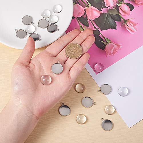 FASHEWELRY 10 Sets Stainless Steel Flat Round Bezel Pendant Trays with Half Round Glass Cabochon Clear Dome for DIY Jewelry Making - color: 16mm-10 Sets