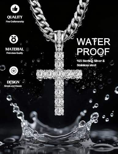925 Sterling Silver Cross Necklace Men - CZ Cross Pendant Layered Necklaces Waterproof Stainless Steel Link Rope Chain Silver Necklace Stack Jewelry with Gift Box 16-30 Inches - size: 18&20in