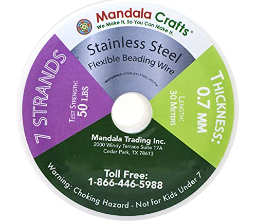 Mandala Crafts 7 Strand Beading Wire for Jewelry Making - 98 FT 21 Gauge Stainless Steel Braided Tiger Tail Wire for Bead Stringing - size: 7 Strands 21 Gauge 0.7MM 98FT