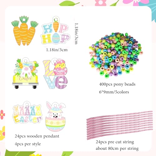 Twelcshyp 24 Sets Easter Beads Necklace Bulk DIY Easter Craft Kit Bunny Chick Egg Carrot Wood Charms Color Pastel Beads for Party Favors Classroom Supplies