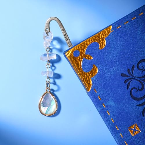 Vintage Metal Bookmark Pendant with Opal Drop Shell&Clear Quartz Crystal Stones Bead Chain-Elegant Opal Bookmarks for Women,Men,Book Lovers,Teachers and Girls(Silver) - style: Silver