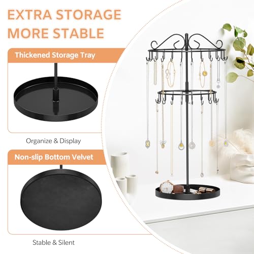 iDavosic.ly 2 Tier Rotating Necklace Organizer with Jewelry Tray, Adjustable Metal Necklace Holder with 42 Hooks, Extra Tall Bracelet Keychain Spinning Display Stand Tree Tower for Women, Black - color: Black with Tray