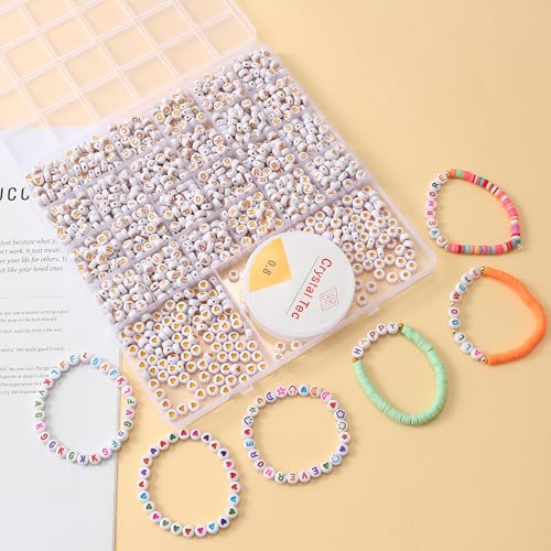 Acrylic Letter Beads 4mm Flat Round, 6mm Square - Beads for Making Friendship Bracelet or Necklace (26 Pieces of Flat Round White with Yellow) - color: 26 pieces of flat round white with yellow