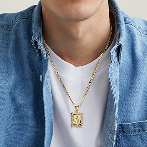 KissYan Initial Letter Pendant Necklace for Men Women, 14K Gold Plated Square Capital Monogram Necklace Alphabets from A-Z Figaro Chain Jewelry - color: 1-Gold, style: H