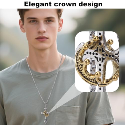 Stainless Steel Cross Necklace for Men, 24 Inch Crown Cross Chain Elegant Religious Jewelry Gift Non-Detachable Crown for Him