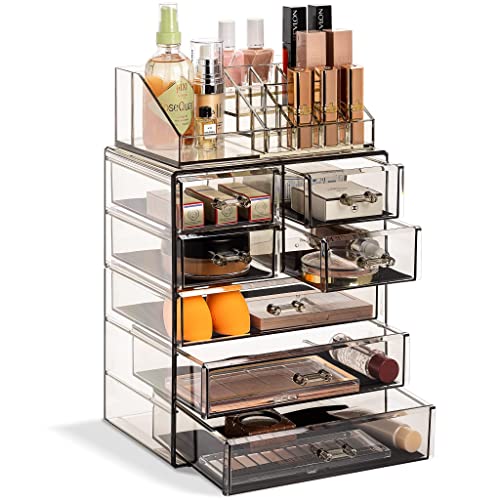 Sorbus Acrylic Makeup Organizer Set, 7-Drawer Vanity & Countertop Cosmetic Storage with Small & Wide Compartments, Black-Tint Makeup Storage for Brushes, Jewelry – Holiday Gift for Women & Teens - color: Black Jewel, size: 3 Large, 4 Small Drawers