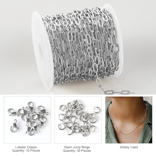 Kyutong 16.4 Feet Stainless Steel Chain Link with Spool Soldered Silver Chains for Jewelry Making 3MM Paperclip Necklace Chains Bulk for DIY Craft Bracelet Ankle Finding Supplies - color: 3mm Paperclip Silver