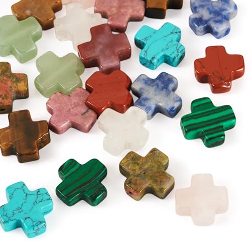 22 Pcs Natural Gemstone Cross Beads 12.5-13mm Cross Crucifix Beads Mixed Turquoise Bead Crystal Crucifix Charms for Easter Holiday Eid Mubarak Ramadan Jewelry Making - color: 11 Colors-Mix Stones