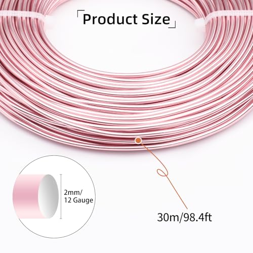 12 Gauge Aluminum Wire 100FT, 2mm Bendable Metal Anodized Aluminum Wire for Sculpting Jewelry Making Crafts Wreath Beading Floral(Light Pink) - color: Light Pink