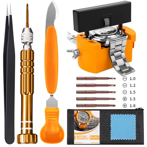 EasyTime Watch Case Opener Tool: Watch Battery Replacement Tool Kit for Back Removal and Maintainance with Adjustable Case Opener, Screwdriver, Tweezers, Opening Knives - color: Yellow
