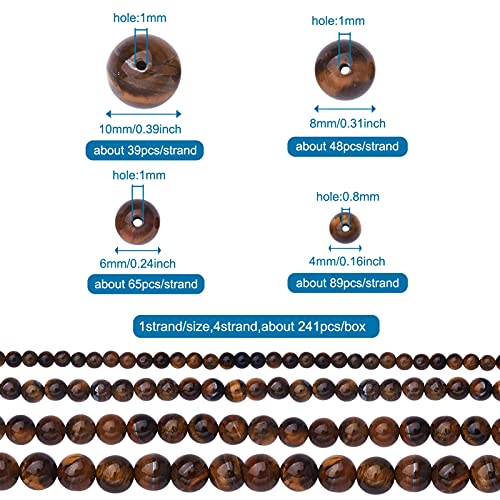 Cheriswelry 4 Strand Round Natural Tiger Eye Stone Beads 4mm 6mm 8mm 10mm Gemstone Loose Spacer Ball Beads Polished Healing Beads for DIY Earring Bracelet Necklace Craft Jewelry Making - color: Natural Tiger Eye