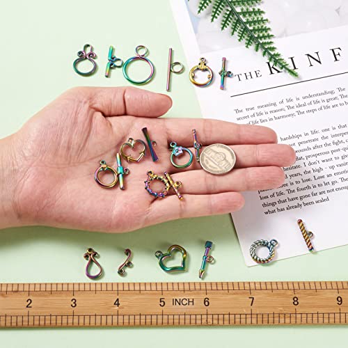 Craftdady 10pcs Sets Rainbow Steel Toggle Clasps Round Heart Ring Buckle T Bar Closure End Clasps for DIY Bracelet Necklace Jewelry Making, Mixed Styles Multi-Color - color: Colorful Mixed Style