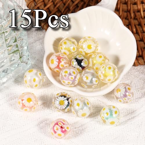 15Pcs Acrylic Beads Round 16mm UV Bead in Bead with Daisy Print Fit for DIY Jewelry Bracelet Necklace Keychain Beadable Pens Mobile Phone Chain Making Cute (Daisy-Mixed Color) - color: Daisy-Mixed color