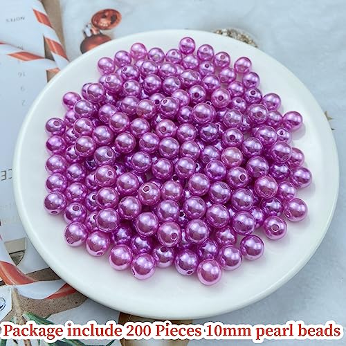 Pinhoollgo 200pcs Pearl Beads 10mm Round Pearl Beads with Hole for DIY Bracelet Necklace Jewelry Making Supplies Handmade Craft(Purple) - color: Purple, size: 10mm/200pcs