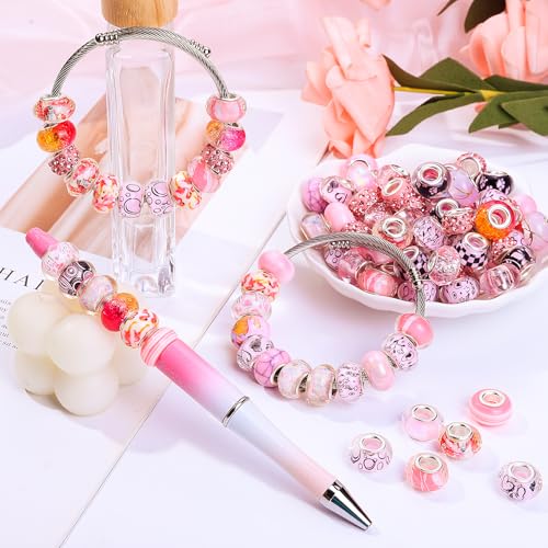 100 Pieces 14mm European Beads for Pens,Large Hole Beads for Charm Bracelet Jewelry Making Bulk, Decoration Lampwork Murano Glass Spacer Beads for Crafts Garden Stakes (Pink), V-E-2024-100-00 - color: Pink