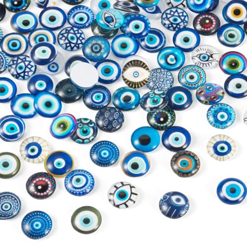 100Pcs/Set Flat Round Transparent Glass Cabochons with Pattern Eye Flatback Glass Dome Flatback Cab Beads for Photo Cameo Jewelry Making Necklace Ring DIY Crafts 12x4mm Blue Eye - color: 100Pcs-12x4mm-Blue Eye