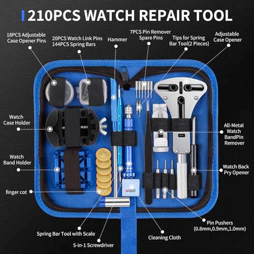 XOOL 210 PCS Watch Repair Kits, Including Watch Battery Change Kit, Watch Case Opener, Link Remover, Spring Bar Tools, Screwdrivers, and Portable Carrying Case with Instruction Manual - color: 210pcs BLUE
