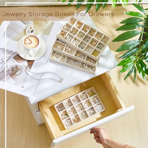 Junkin 12 Pcs Jewelry Tray Velvet Stackable Jewelry Organizer Trays Divided Earring Accessories Storage Containers Box (Rose Red) - color: Beige