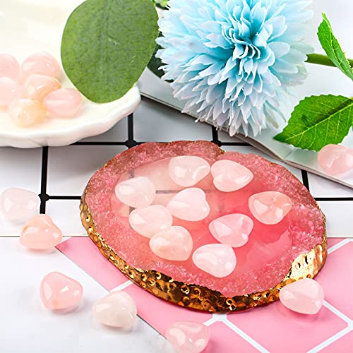 Fumete 50 Valentine's Day Quartz Rose Heart Palm Stone Pieces Natural Healing Crystal 0.6 Inch Heart Shaped Pocket Gemstone Carved Palm Worry Stone
