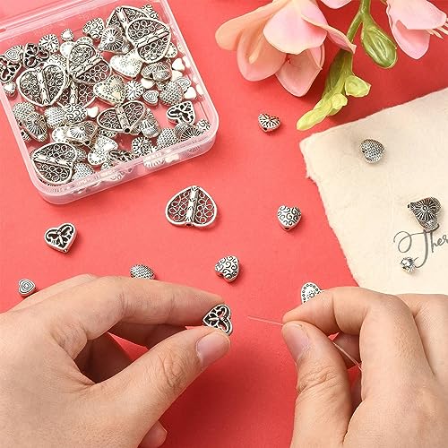 DanLingJewelry 100Pcs 10 Styles Tibetan Alloy Antique Sweet Love Heart Beads Heart Spacer Beads for Valentine's Day Jewelry Making - color: 100pcs - heart I - 10 styles