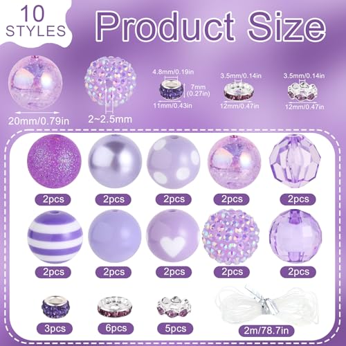 35 Pcs Chunky Bubblegum Beads 20mm Focal Pen Large Rhinestone Pearl Bead with Rhinestone Large Hole European Spacer Bead for DIY Beadable Pen Jewelry Making Keychain Craft Making(Purple) - color: Purple