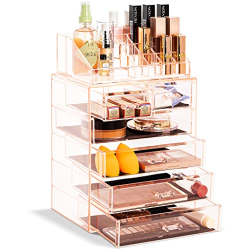 Sorbus Acrylic Makeup Organizer Set, 6-Drawer Vanity & Countertop Cosmetic Storage with Small & Wide Compartments, Pink Makeup Storage for Brushes, Jewelry – Holiday Gift for Women & Teens - color: Pink, size: 4 Large, 2 Small Drawers