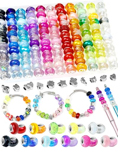 143PCS FIVEIZERO European Large Hole Beads for Jewelry Making – 12 Colors Glass Big Hole Spacer Beads with Metal Charms for Bracelets, Necklaces, Pens & DIY Crafts - color: 143PCS (12 Styles per Color)