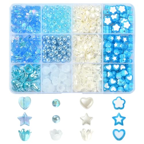 LiQunSweet 430 Pcs 12 Styles Blue White Acrylic Imitation Pearl Flower Star Heart Round Beads for DIY Jewelry Making Gift - color: Blue White Acrylic Beads_12 Styles_430Pcs