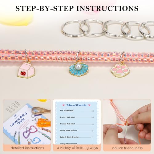 PP OPOUNT Gimp String Craft Kit, 318 PCS Lanyard String Kit with Beads, Pendants & Keychain Accessories, DIY Bracelet Making Kit for Friends, Christmas Gift & Holiday Craft Set - size: 354 Feet