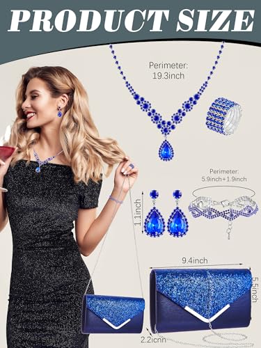 Henoyso 5 Pcs Rhinestone Jewelry Sets Prom Purse Jewelry Rhinestone Clutch Purse Bride Necklace Earrings Bracelets for Women - color: Royal Blue