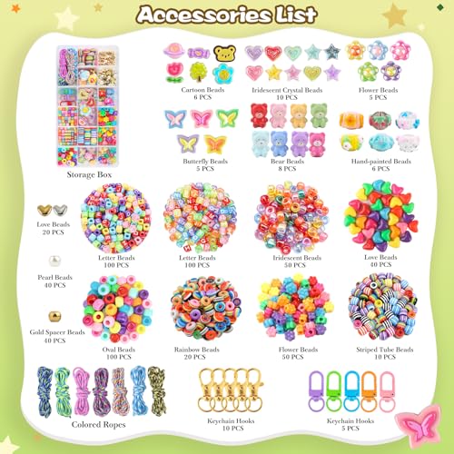 Ecoofor 633 PCS Beaded Keychain Making Kit, Acrylic Alphabet Letter Beads with Heart, Star & Flower Charms for DIY Jewelry, Bag Charm & Keychain Accessories Craft Supplies - color: 633 PCS Beaded Keychain Making Kit