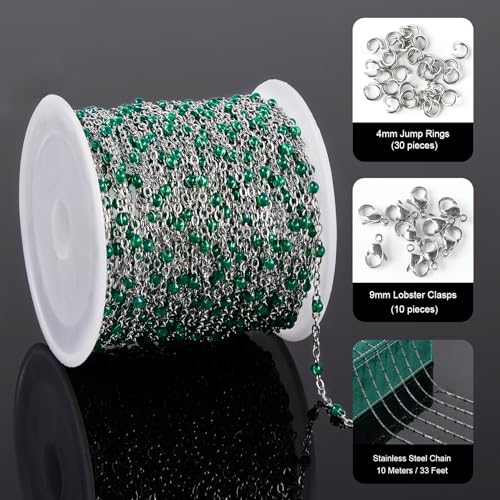 UMAOKANG 33 Feet Green Enamel Beaded Chain for Jewelry Making Stainless Steel Thin Chains Necklace Bracelet DIY Bulk Chain - color: Green-Silver