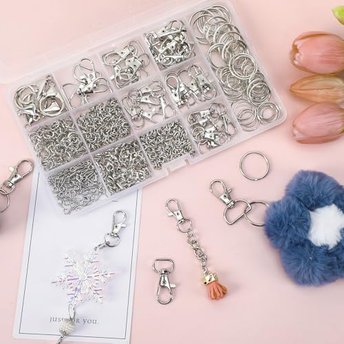 AUGSUN Keychain Making Kit, 450Pcs Keychain Craft Set Including Key Chain Clips, Lanyard Snap Hooks, Lobster Claw Clasps, Key Rings, Jump Rings and Screw Eye Pins for Key Chain Jewelry Making