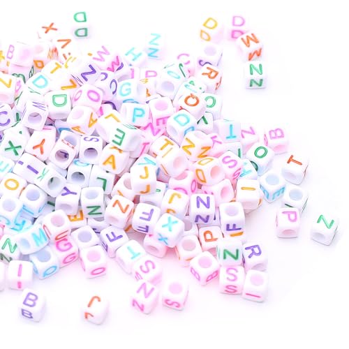 1000Pcs Cube Alphabet Beads White Acrylic with Sorted Colored Square Letter Beads A-Z Multicolored Letter Craft Bead for Jewelry Making Bracelets Necklaces Key Chains - color: white-color(6mm)