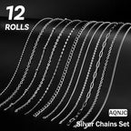 AQNJC Silver Chain for Jewelry Making, 98 Feet 12 Rolls Jewelry Chains with Silver Letter Charms for Women DIY Necklace Bracelet Making Supplies with Jump Rings, Lobster Clasps, Connectors - color: 12 Rolls Silver Necklace Chains with Silver Charms