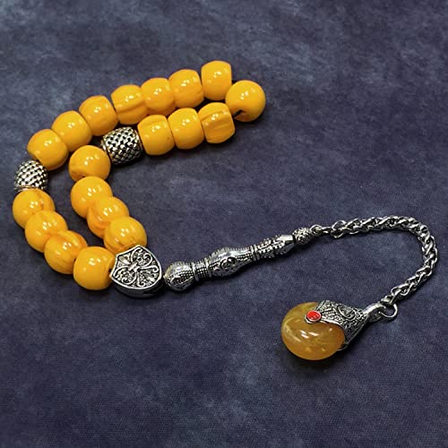 Simple Designed Natural Stone Worry Beads - Prayer Beads Tesbih-Tasbih-Tasbeeh-Misbaha-Subha-Sebha-Sibha-Rosary (Yellow Resin Drum -13X9 mm- 19 Big Beads) - color: Yellow Resin Drum -13X9 mm- 19 Big Beads
