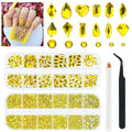 qiipii 2630Pcs Golden Yellow Nail Rhinestones 120 Multi Shapes Crystal Flatback Gems +2510 Round Beads Glass Stones Diamonds Jewels w Tweezer & Wax Pen for DIY Face Eye Mackup Clothes Shoes - color: Golden Yellow, size: A Set
