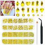 qiipii 2630Pcs Golden Yellow Nail Rhinestones 120 Multi Shapes Crystal Flatback Gems +2510 Round Beads Glass Stones Diamonds Jewels w Tweezer & Wax Pen for DIY Face Eye Mackup Clothes Shoes - color: Golden Yellow, size: A Set