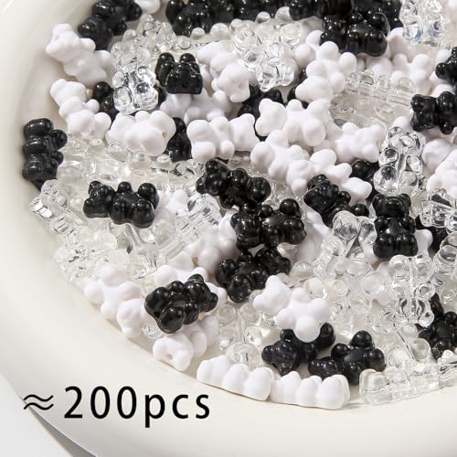 200pcs Bear Beads Black White Gummy Bear Acrylic Bear Beads Colorful Cute Bear Beadsy Bear for Necklace Bracelet Key Chains Jewelry DIY Craft Making(Blackwhite) - color: blackwhite