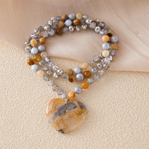 Long Necklaces for Women Boho, Oval Waterdrop Turquoise Pendant, Natural Stone Beaded, Handmade,Vintage & Elegance, Boho Fashion Charm Beaded Necklace for Women - style: G-Tan Agate Pendant