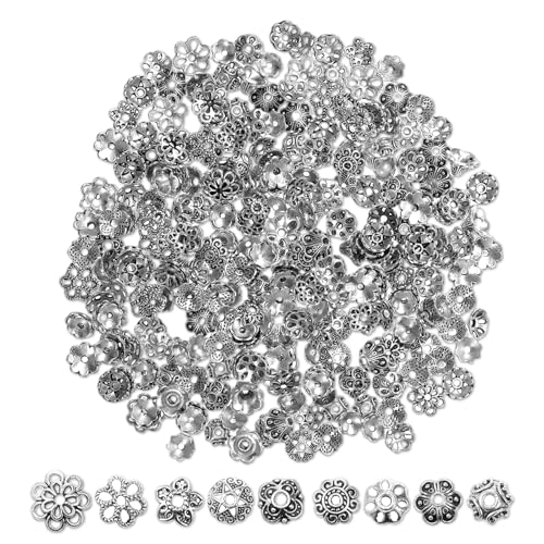 360 Pcs Flower Spacer Beads, 10 Styles Bead Caps Alloy Floral Metal End Cap Silver Vintage Spacers Jewelry Spacers for DIY Bracelet Necklace Earrings Jewelry Making