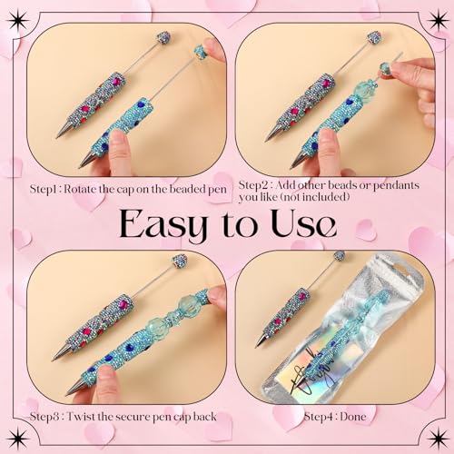 Tondiamo 45 Pcs Full Rhinestone Beadable Pens Bulk Set 15 Glitter Diamond Pens with Cards & Bags Fancy Beaded Pen for Beads DIY Cute Journalling Bling Ballpoint Craft Making(Heart Full Diamonds) - style: Heart Full Diamonds