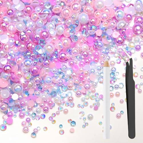 80g Mix Flatback Pearls and Rhinestones for Crafts Pink Purple Mixed Size 2mm-10mm Half Round Pearls Rhinestones for Nail Art Tumblers Shoes DIY Bedazzling with Tweezers Wax Pen - color: Pink Purple
