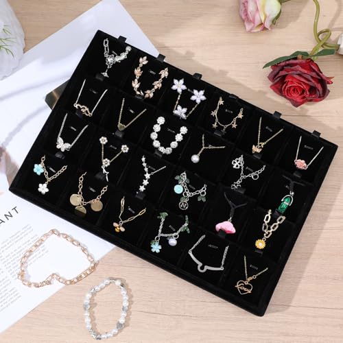 Lemecima 2pcs 24 Grids Stackable Jewelry Tray Organizer with Removable Dividers, Velvet Jewelry Display Tray for Earrings Necklaces Bracelet Rings Display Showcase - Black
