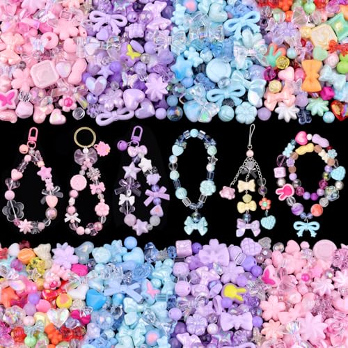 210-270PCS TINKRSTUFF Assorted Acrylic Beads, 4 Colors Mixed Cute Beads for Bracelet Making, Bow Flower GummyBear Kawaii Charms, Aesthetic Bead for Necklace Keychain Jewelry Making DIY Phone Charm - color: 4 Color Series-Pink+Blue+Purple+Mixed Colors