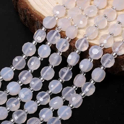 8×5mm White Agate Natural Stone Beads for Jewelry Making About 35-40pcs 1 Strand 15" Drilled Flat Faceted Cabochon Gemstone Beads for Bracelets Necklace DIY Crafts - color: White Agate